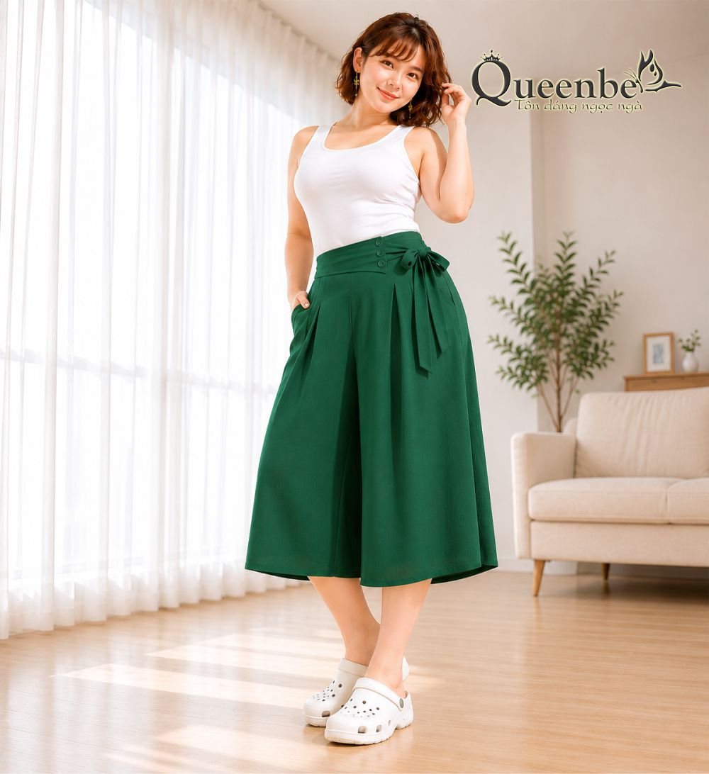 Quần lửng nữ ống rộng eo thun có big size Queenbe GLQ115 vải voan xốp cao cấp mềm mượt thông thoáng