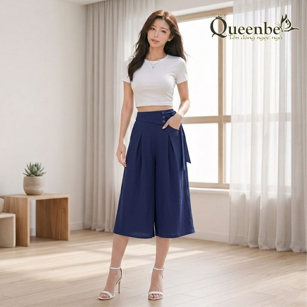 Quần lửng nữ ống rộng eo thun có big size Queenbe GLQ115 vải voan xốp cao cấp mềm mượt thông thoáng
