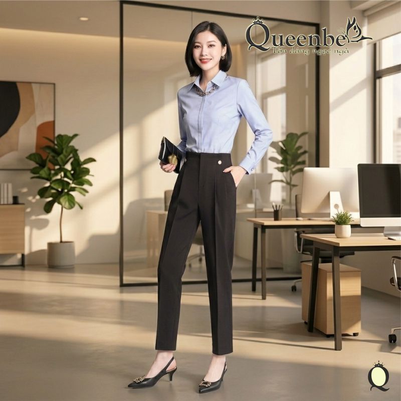 Quần nữ công sở kiểu baggy lưng cao có big size Queenbe GLQ154 vải cotton pha thoáng, đứng quần, dầy dặn