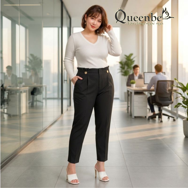Quần nữ công sở kiểu baggy lưng cao có big size Queenbe GLQ154 vải cotton pha thoáng, đứng quần, dầy dặn