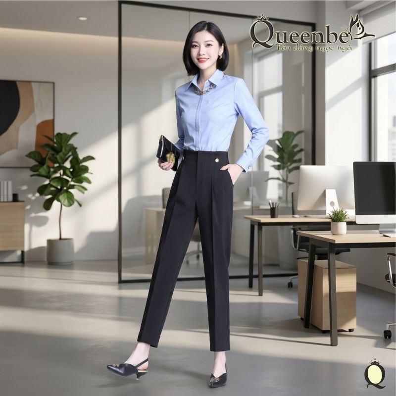 Quần nữ công sở kiểu baggy lưng cao có big size Queenbe GLQ154 vải cotton pha thoáng, đứng quần, dầy dặn