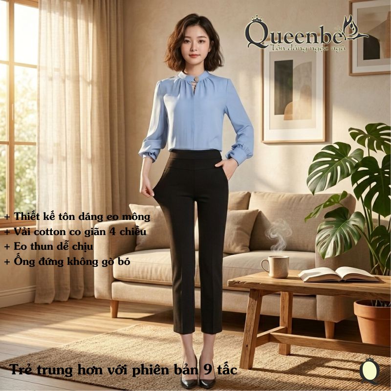 Quần nữ công sở lưng cao lưng thun Queenbe GLQ164 vải cotton co giãn 4 chiều