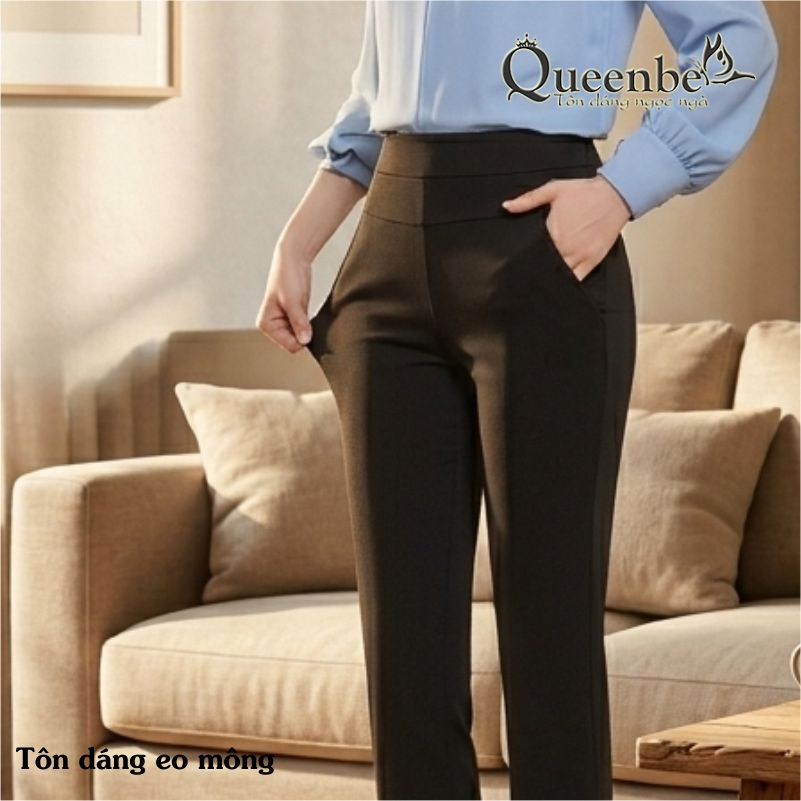 Quần nữ công sở lưng cao lưng thun Queenbe GLQ164 vải cotton co giãn 4 chiều