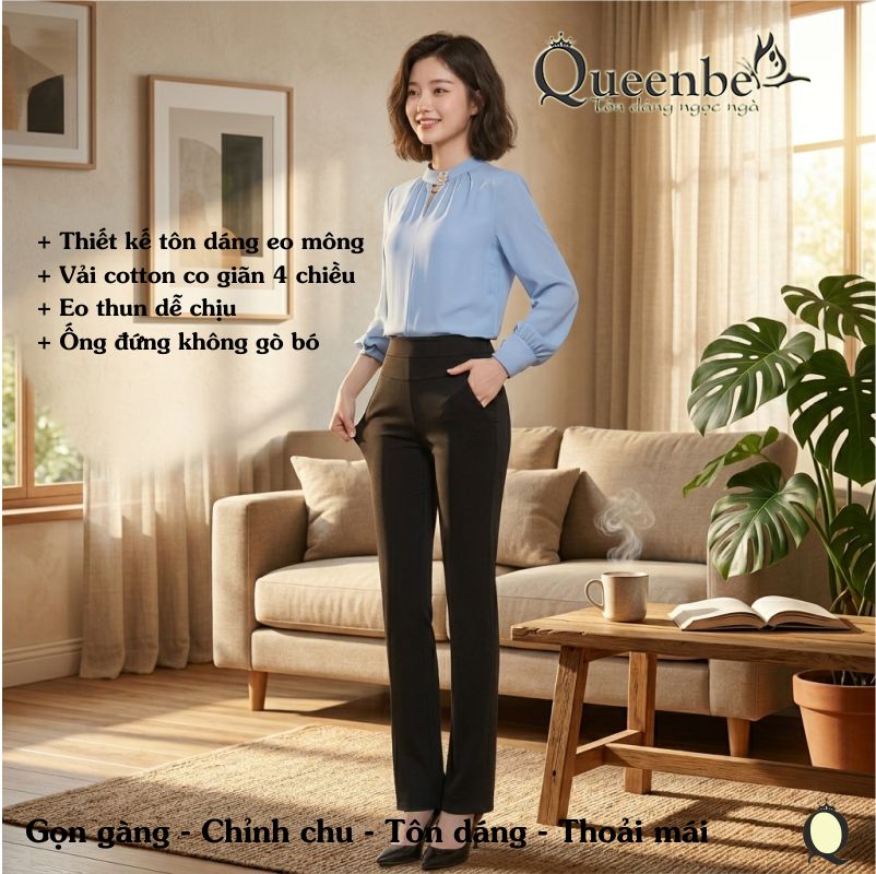 Quần nữ công sở lưng cao lưng thun Queenbe GLQ164 vải cotton co giãn 4 chiều