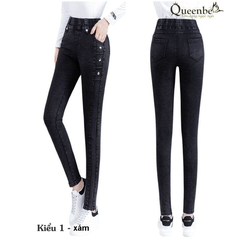 Quần nữ lưng cao lưng thun có big size Queenbe GLQ158 chất cotton dệt kiểu jean dáng ôm