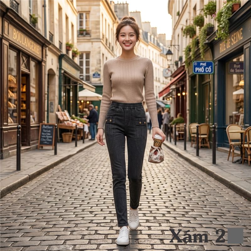 Quần nữ lưng cao lưng thun có big size Queenbe GLQ158 chất cotton dệt kiểu jean dáng ôm