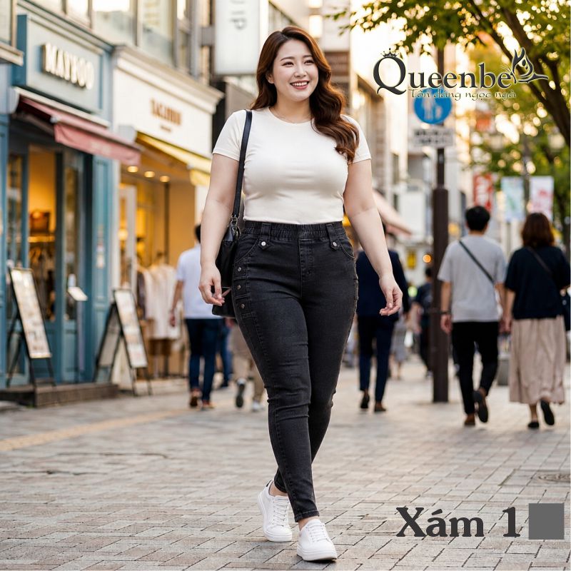 Quần nữ lưng cao lưng thun có big size Queenbe GLQ158 chất cotton dệt kiểu jean dáng ôm