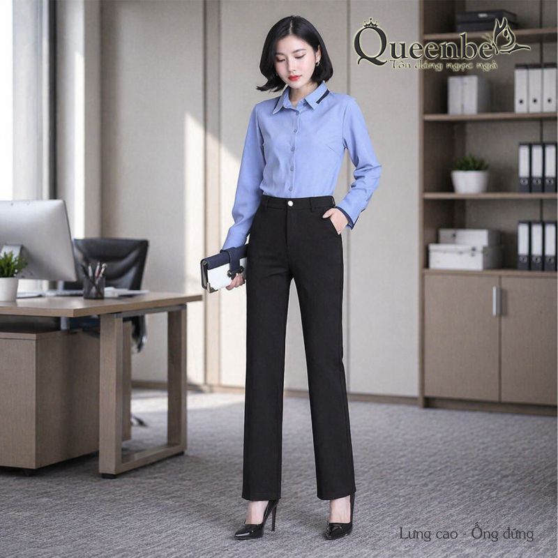 Quần nữ lưng cao ống đứng có big size Queenbe GLQ163 vải cotton co giãn 4 chiều, thoáng và thấm hút tốt