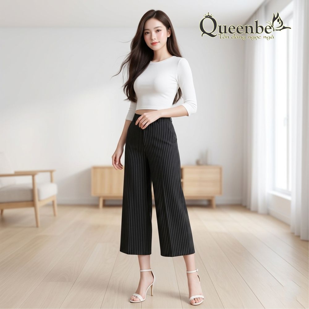 Quần nữ lưng cao ống lỡ ống rộng Queenbe GLQ077 từ sợi bông, mềm thoáng, vải dầy đứng quần