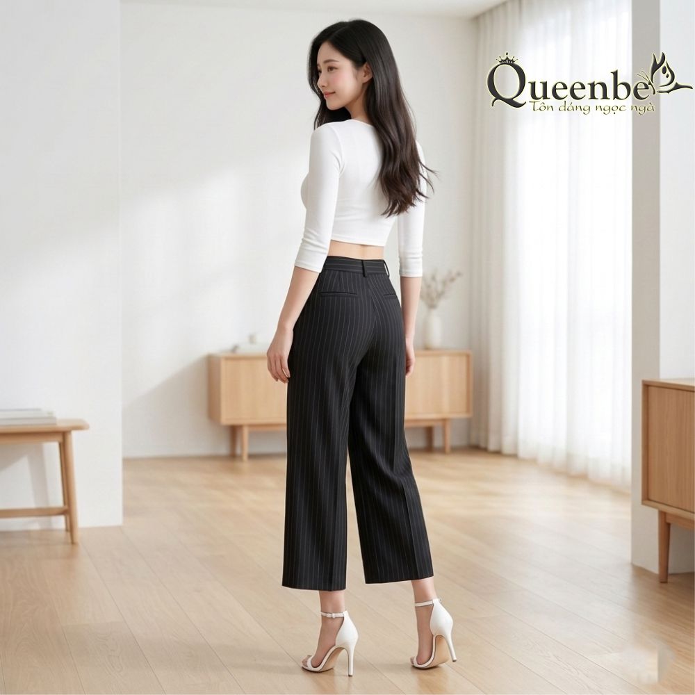 Quần nữ lưng cao ống lỡ ống rộng Queenbe GLQ077 từ sợi bông, mềm thoáng, vải dầy đứng quần
