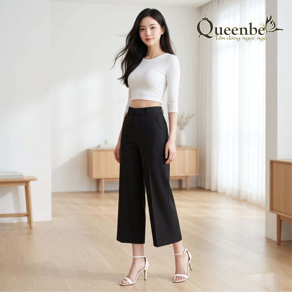 Quần nữ lưng cao ống lỡ ống rộng Queenbe GLQ077 từ sợi bông, mềm thoáng, vải dầy đứng quần