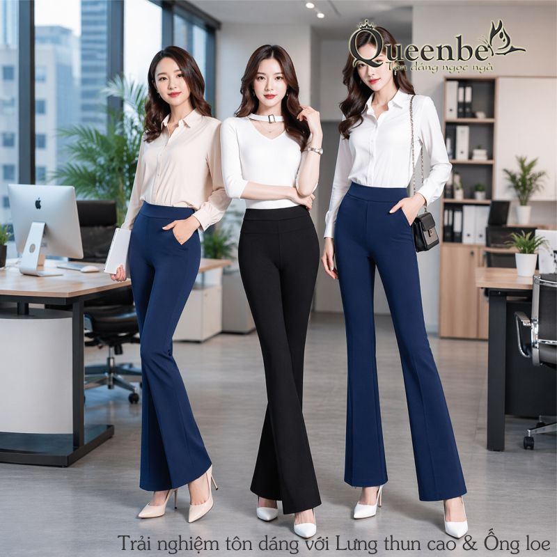 Quần nữ lưng cao ống loe lưng thun Queenbe GLQ051 vải cotton dầy, mềm mại, co giãn, thông thoáng