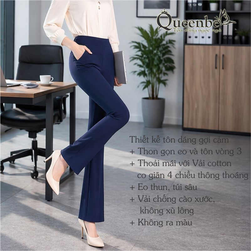 Quần nữ lưng cao ống loe lưng thun Queenbe GLQ051 vải cotton dầy, mềm mại, co giãn, thông thoáng