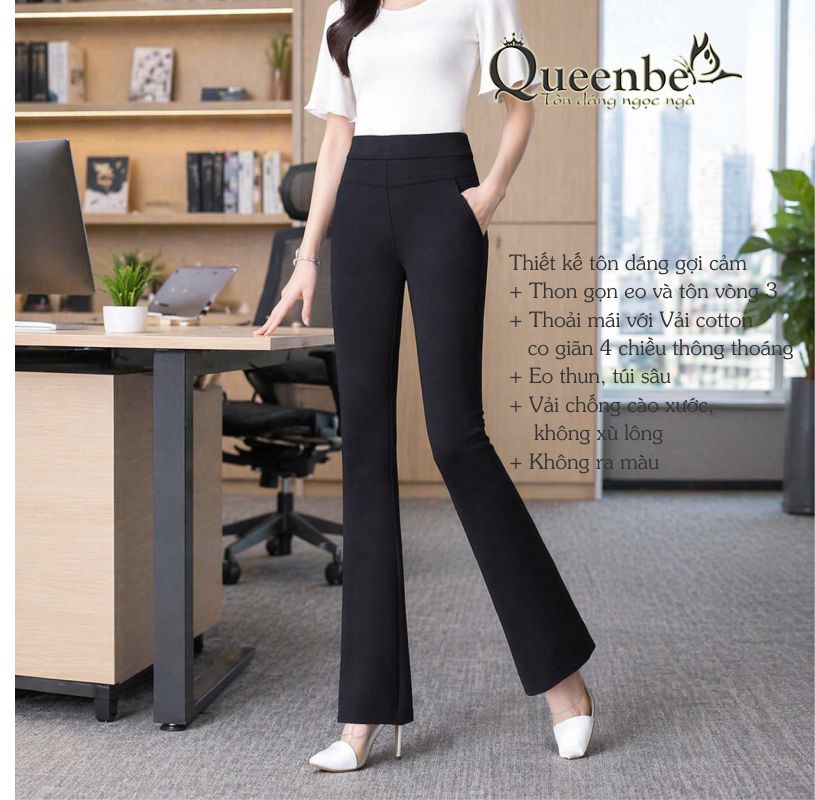 Quần nữ lưng cao ống loe lưng thun Queenbe GLQ051 vải cotton dầy, mềm mại, co giãn, thông thoáng