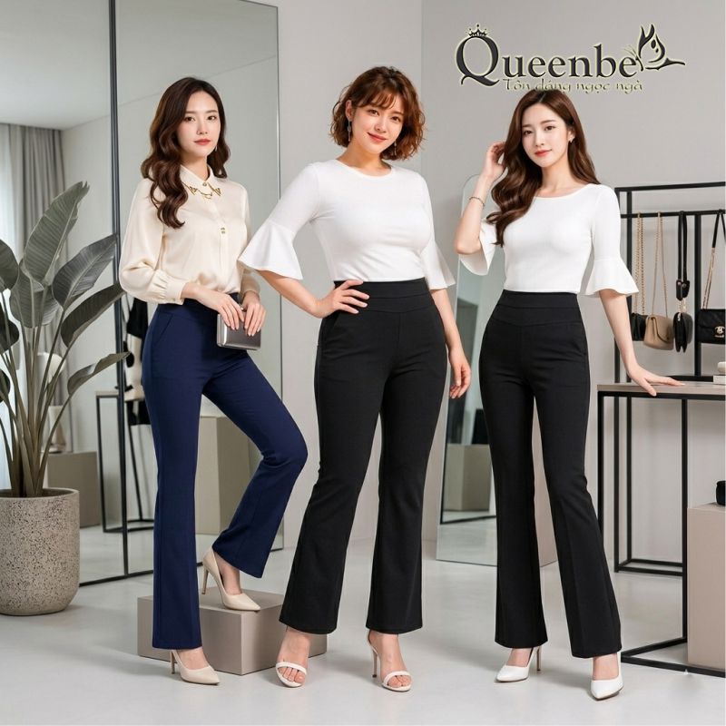 Quần nữ lưng cao ống loe lưng thun Queenbe GLQ051 vải cotton dầy, mềm mại, co giãn, thông thoáng