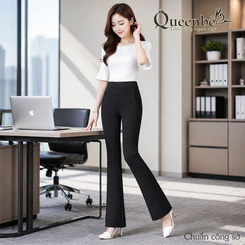 Quần nữ lưng cao ống loe lưng thun Queenbe GLQ051 vải cotton dầy, mềm mại, co giãn, thông thoáng