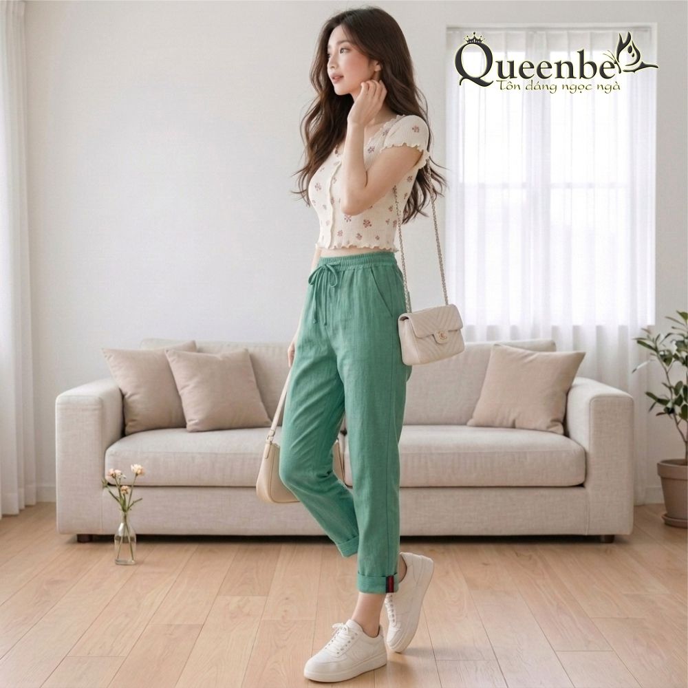 Quần nữ ống lỡ vải gai lưng cao quần harem nữ ống lỡ màu xanh lá Queenbe GLQ083