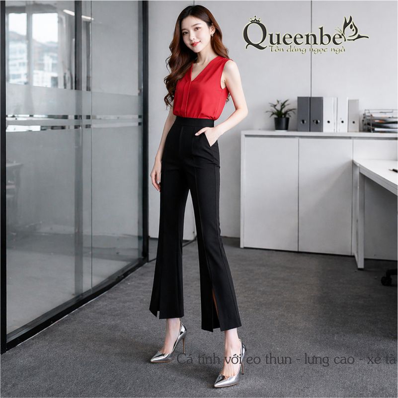 Quần nữ ống loe lưng thun ống lỡ xẻ tà có big size Queenbe GLQ070 cotton co giãn 4 chiều thông thoáng