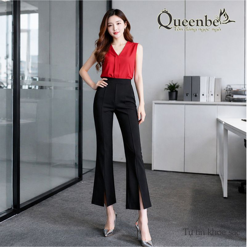 Quần nữ ống loe lưng thun ống lỡ xẻ tà có big size Queenbe GLQ070 cotton co giãn 4 chiều thông thoáng