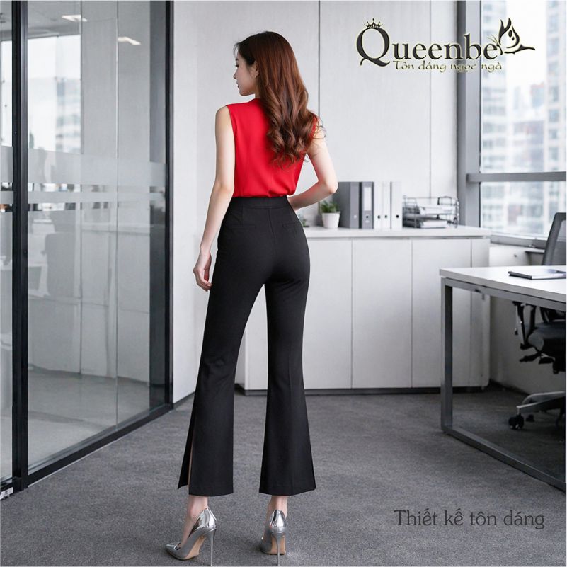Quần nữ ống loe lưng thun ống lỡ xẻ tà có big size Queenbe GLQ070 cotton co giãn 4 chiều thông thoáng