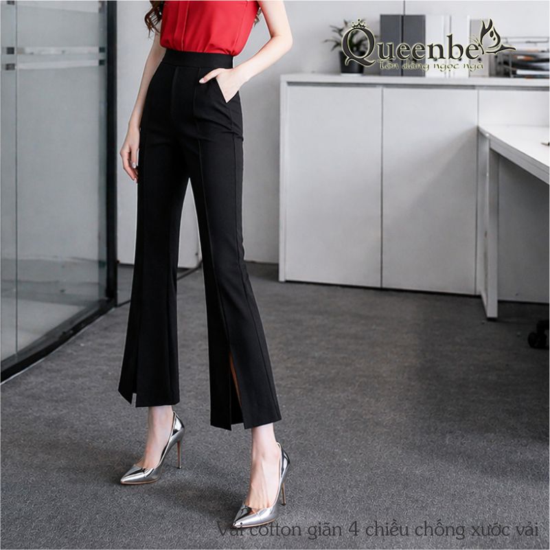 Quần nữ ống loe lưng thun ống lỡ xẻ tà có big size Queenbe GLQ070 cotton co giãn 4 chiều thông thoáng