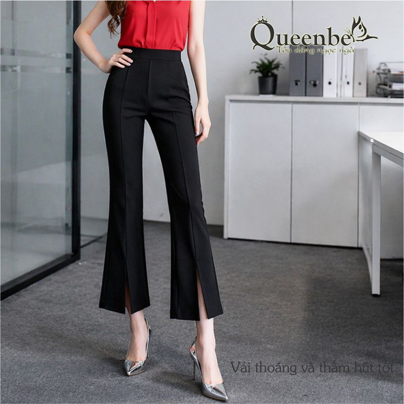 Quần nữ ống loe lưng thun ống lỡ xẻ tà có big size Queenbe GLQ070 cotton co giãn 4 chiều thông thoáng