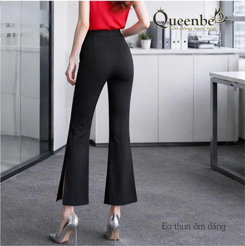 Quần nữ ống loe lưng thun ống lỡ xẻ tà có big size Queenbe GLQ070 cotton co giãn 4 chiều thông thoáng
