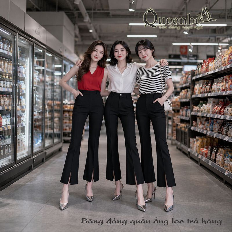 Quần nữ ống loe lưng thun ống lỡ xẻ tà có big size Queenbe GLQ070 cotton co giãn 4 chiều thông thoáng