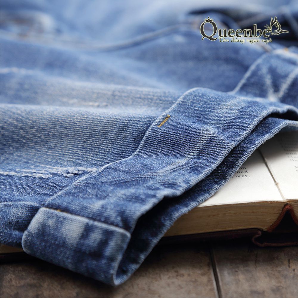 Quần short jean nữ lưng cao cotton wash mềm Queenbe GLQ093