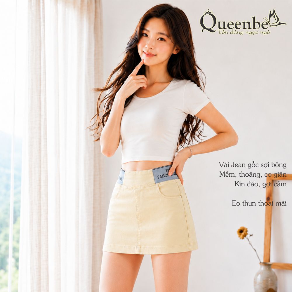 Quần short jean nữ lưng cao lưng thun Queenbe GLQ150 vải jean cotton dáng váy thể thao
