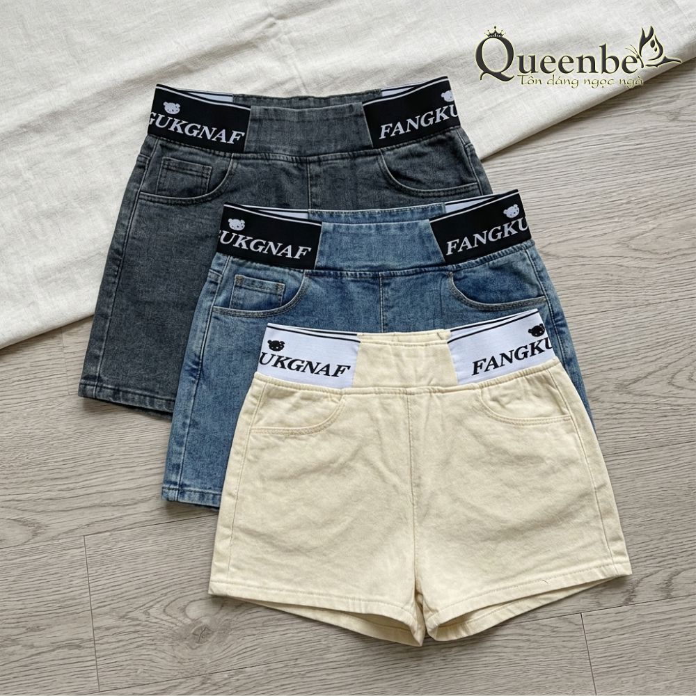 Quần short jean nữ lưng cao lưng thun Queenbe GLQ150 vải jean cotton dáng váy thể thao