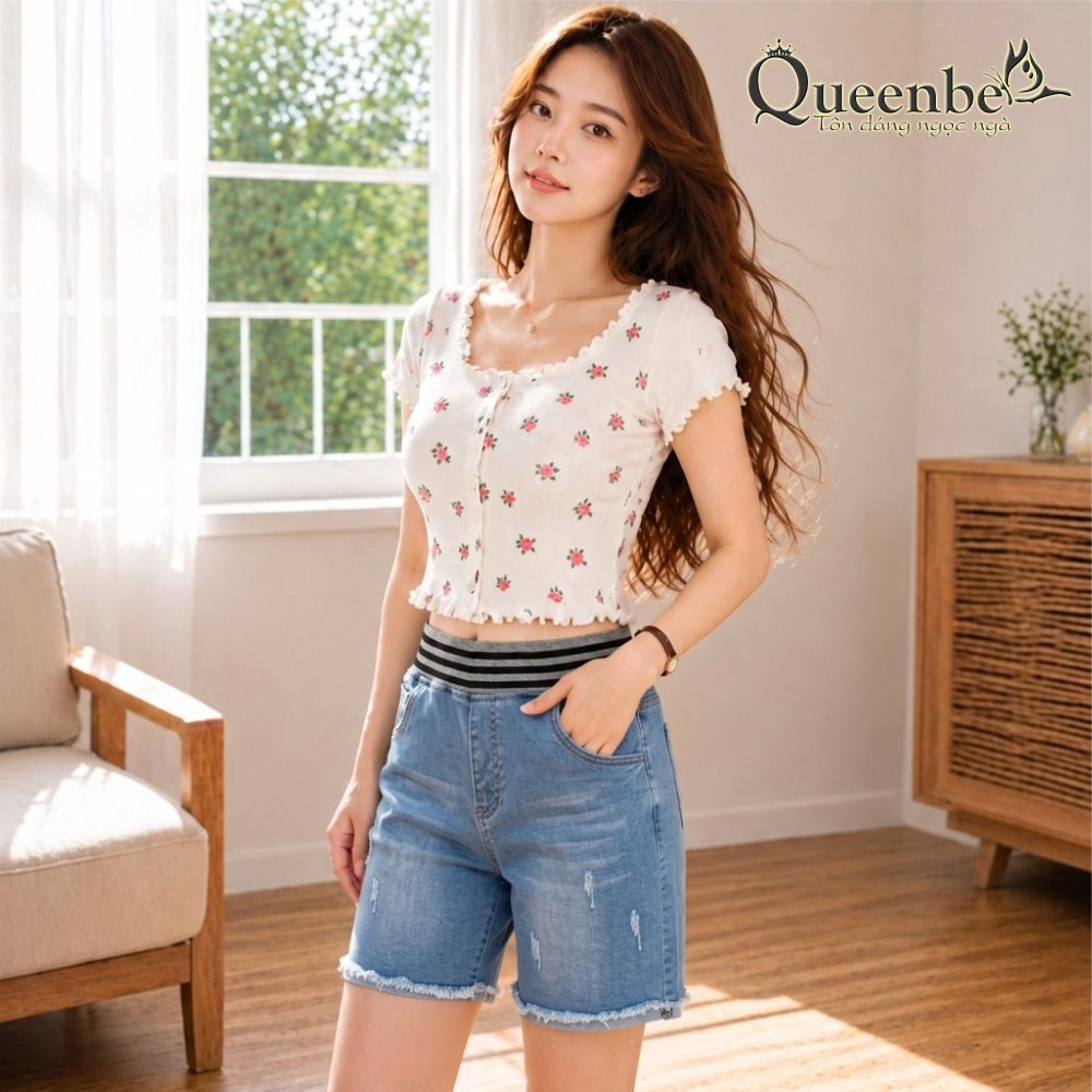 Quần short jean nữ lưng thun lưng cao Queenbe GLQ123