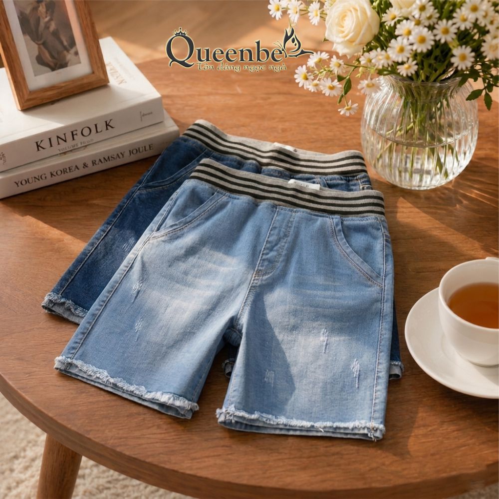 Quần short jean nữ lưng thun lưng cao Queenbe GLQ123