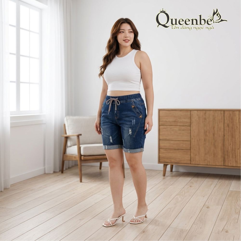 Quần short jean nữ lưng thun lưng cao co giãn có big size Queenbe GLQ034 vải jean cotton mềm thông thoáng