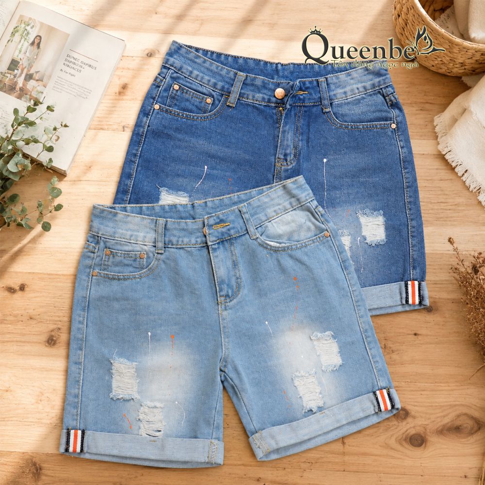 Quần short jean nữ mài rách vẩy màu có big size Queenbe GLQ035 vải cotton làm mềm, mài nghệ thuật