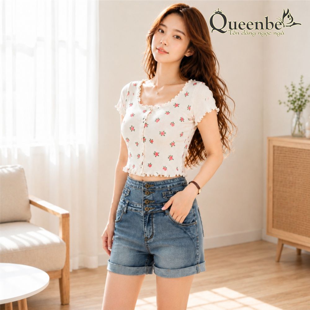 Quần short nữ jean lưng cao dáng ôm Queenbe GLQ064