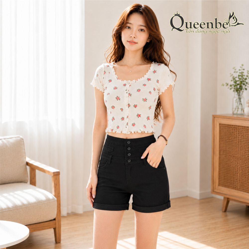 Quần short nữ jean lưng cao dáng ôm Queenbe GLQ064