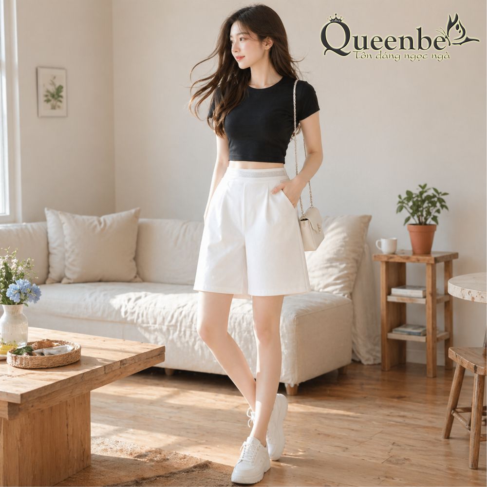 Quần short nữ lưng cao lưng thun túi sâu có big size Queenbe GLQ152 cotton co giãn