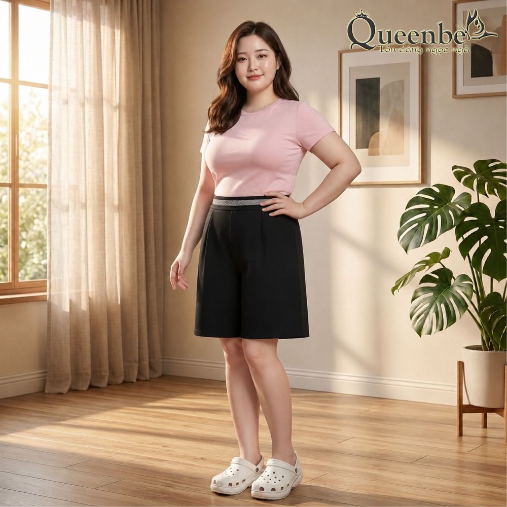 Quần short nữ lưng cao lưng thun túi sâu có big size Queenbe GLQ152 cotton co giãn
