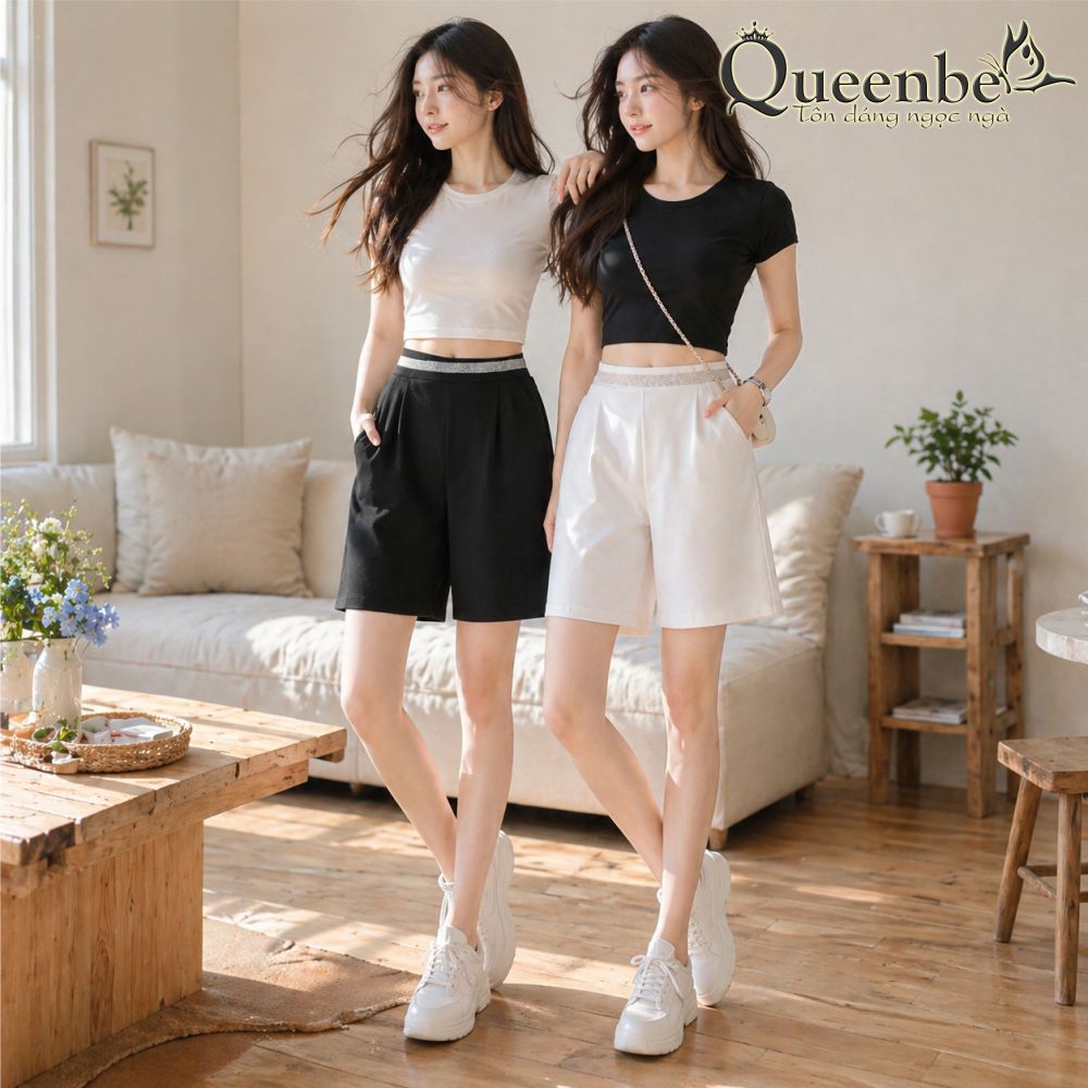 Quần short nữ lưng cao lưng thun túi sâu có big size Queenbe GLQ152 cotton co giãn