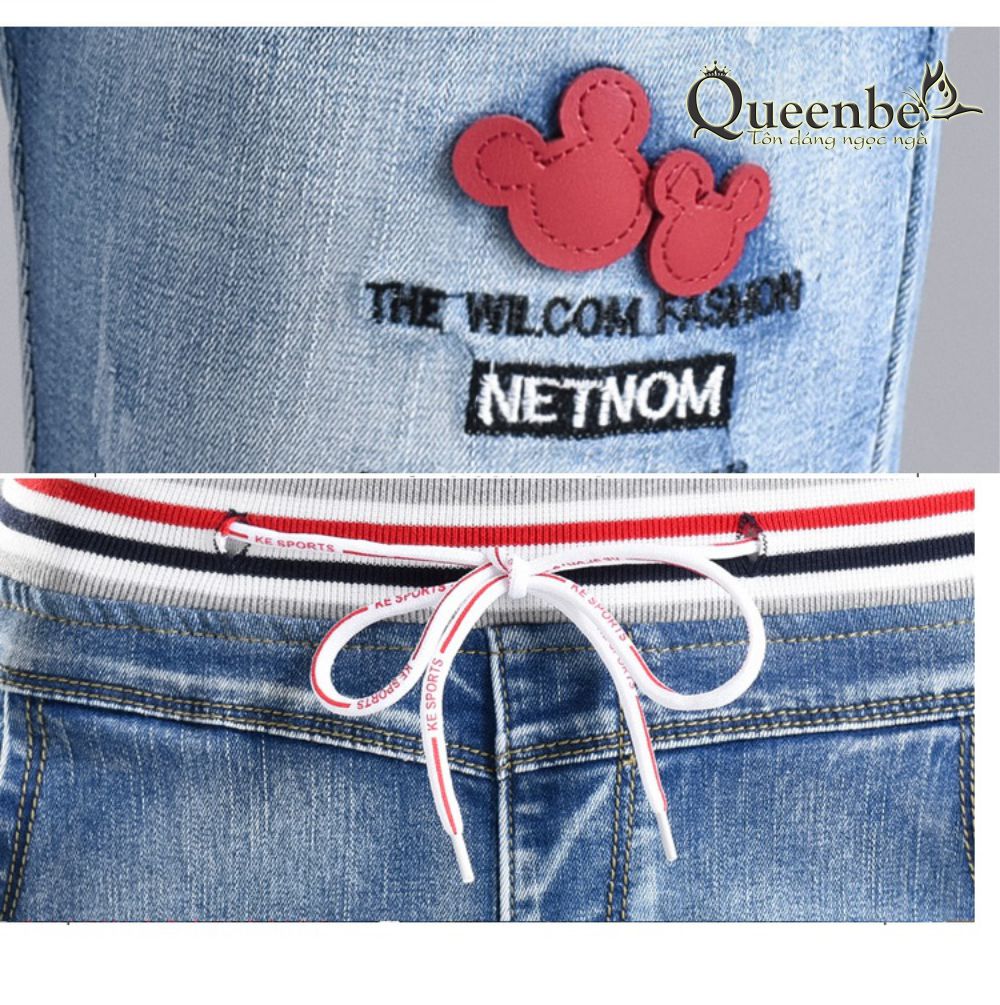 Quần short nữ vải Jean co giãn lưng thun lưng cao có big size Queenbe GLQ062