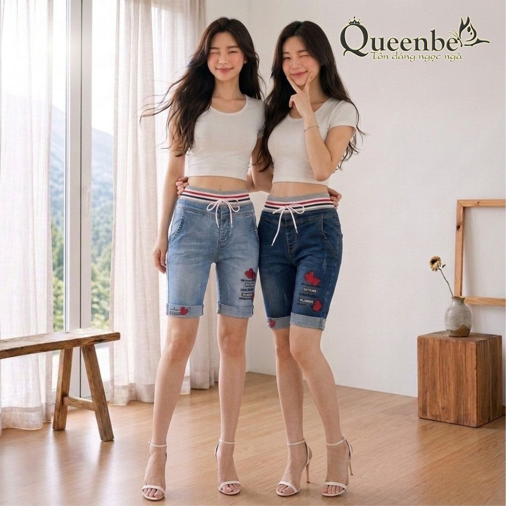Quần short nữ vải Jean co giãn lưng thun lưng cao có big size Queenbe GLQ062