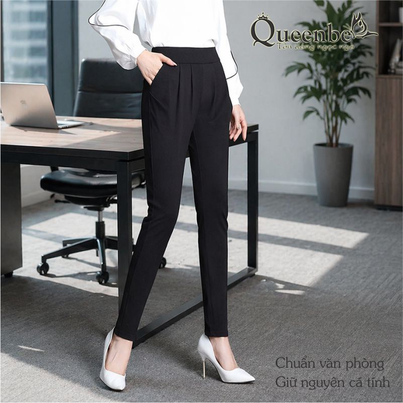 Quần tây công sở nữ kiểu baggy lưng thun có big size Queenbe GLQ095 cotton co giãn 4 chiều