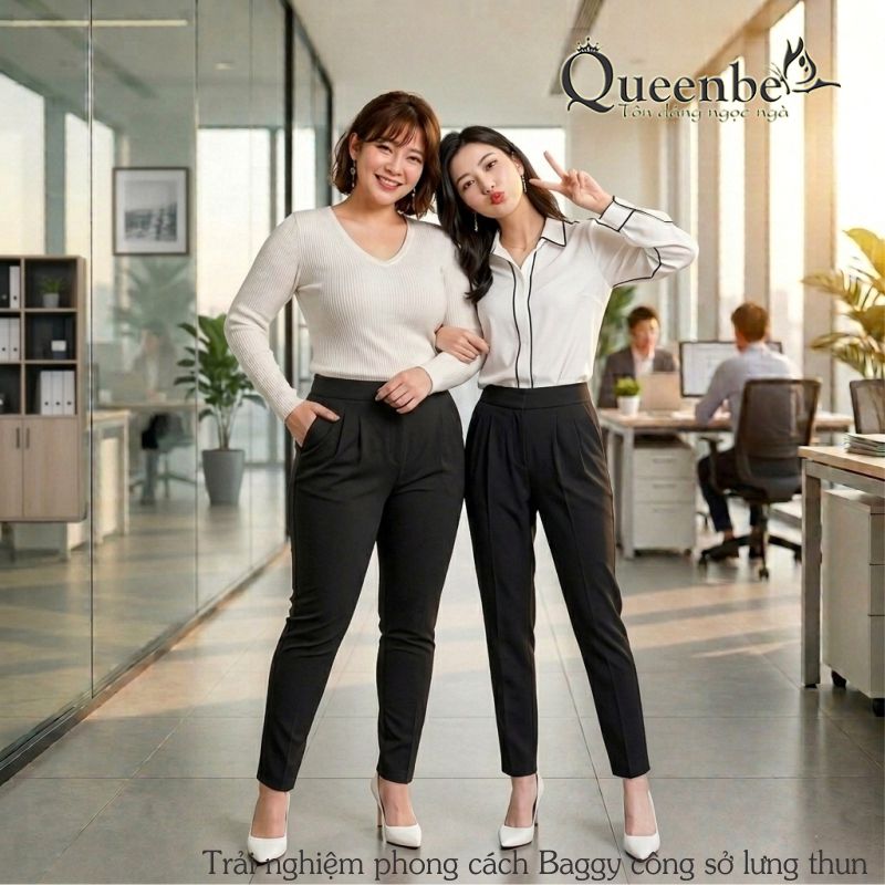 Quần tây công sở nữ kiểu baggy lưng thun có big size Queenbe GLQ095 cotton co giãn 4 chiều