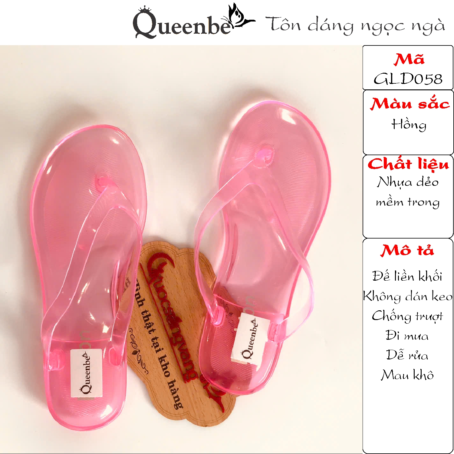 Queenbe Dép nhựa nữ trong suốt GLD058 nhựa dẻo chống trượt đi mưa