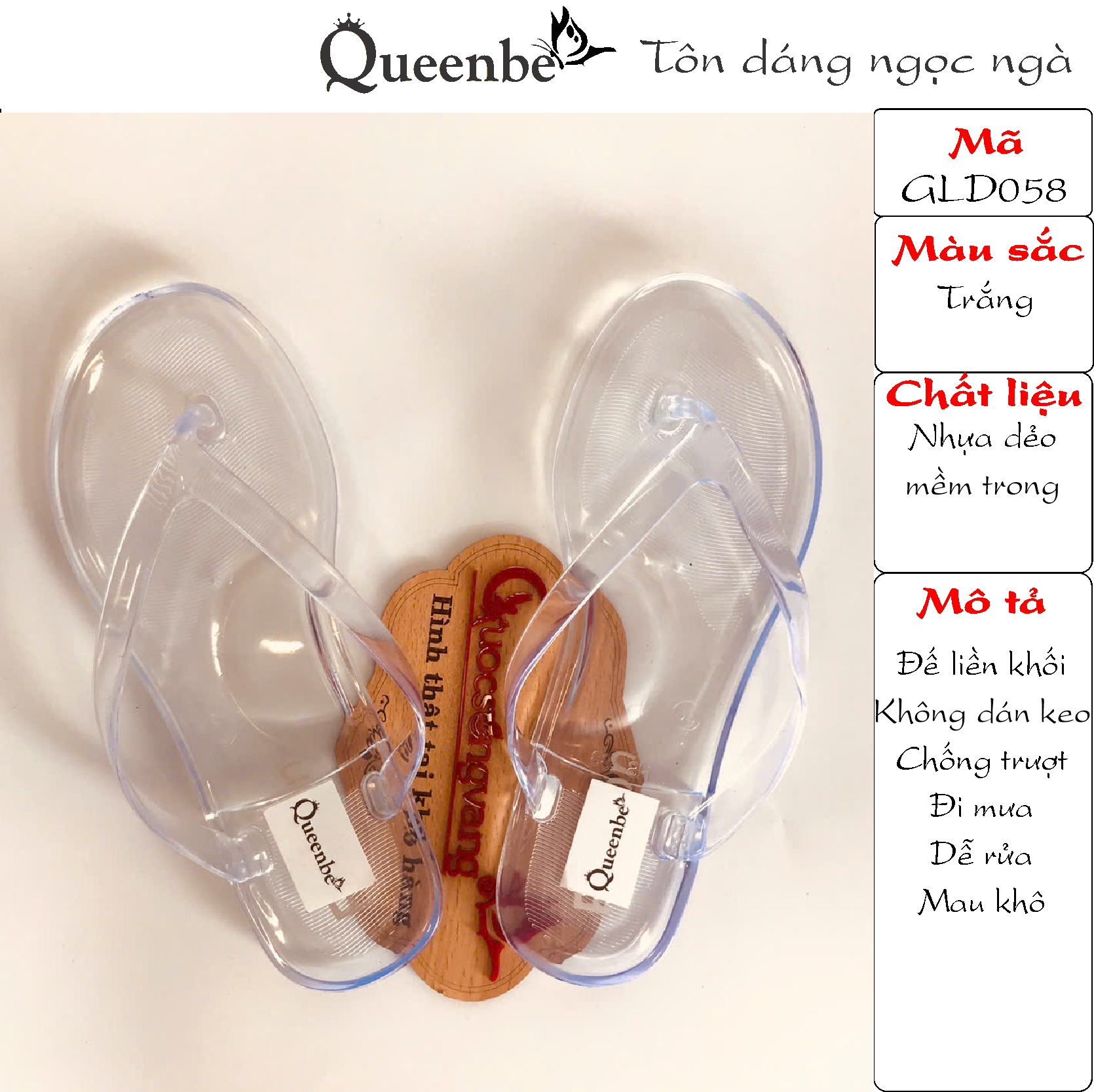 Queenbe Dép nhựa nữ trong suốt GLD058 nhựa dẻo chống trượt đi mưa