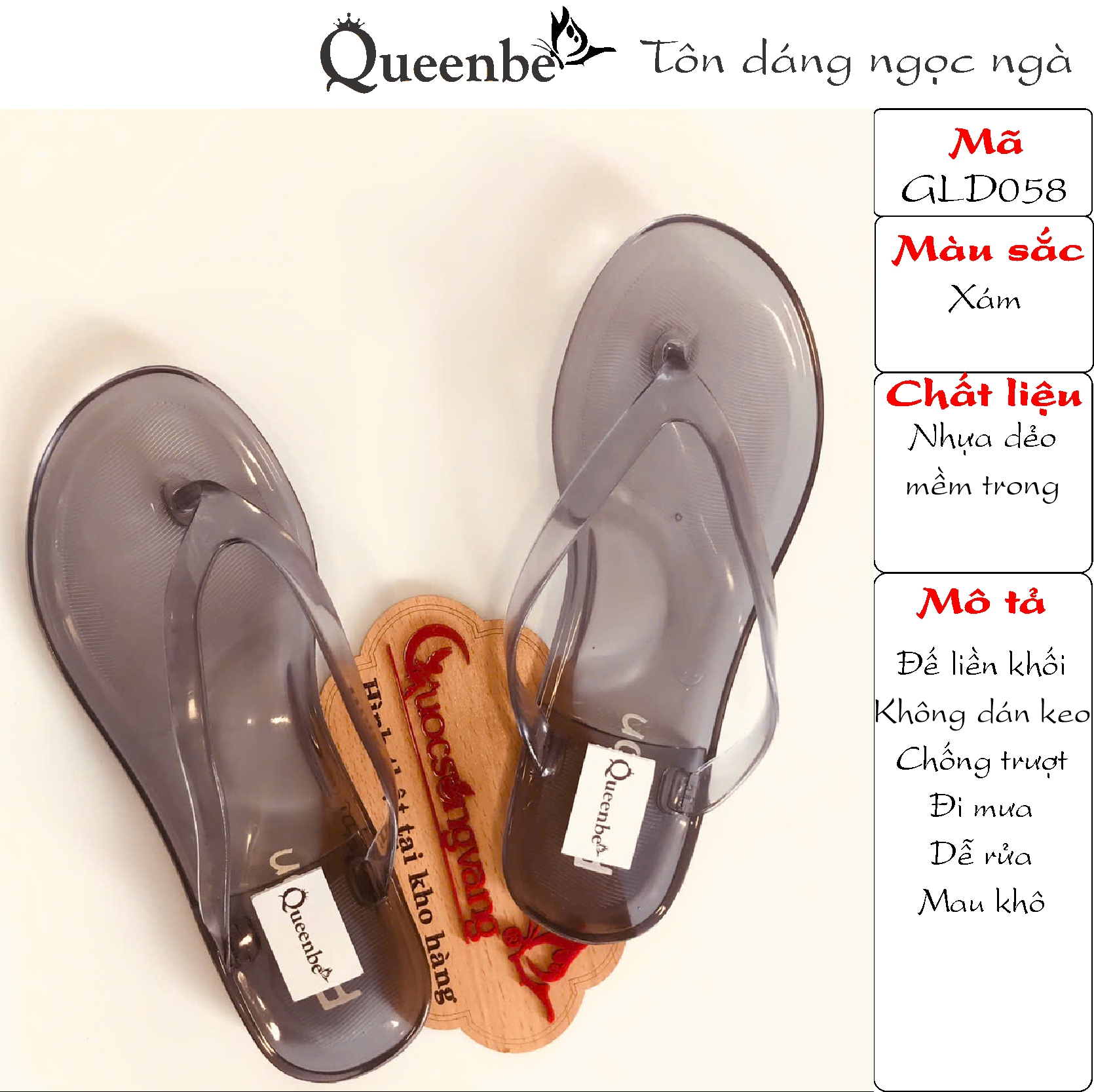 Queenbe Dép nhựa nữ trong suốt GLD058 nhựa dẻo chống trượt đi mưa