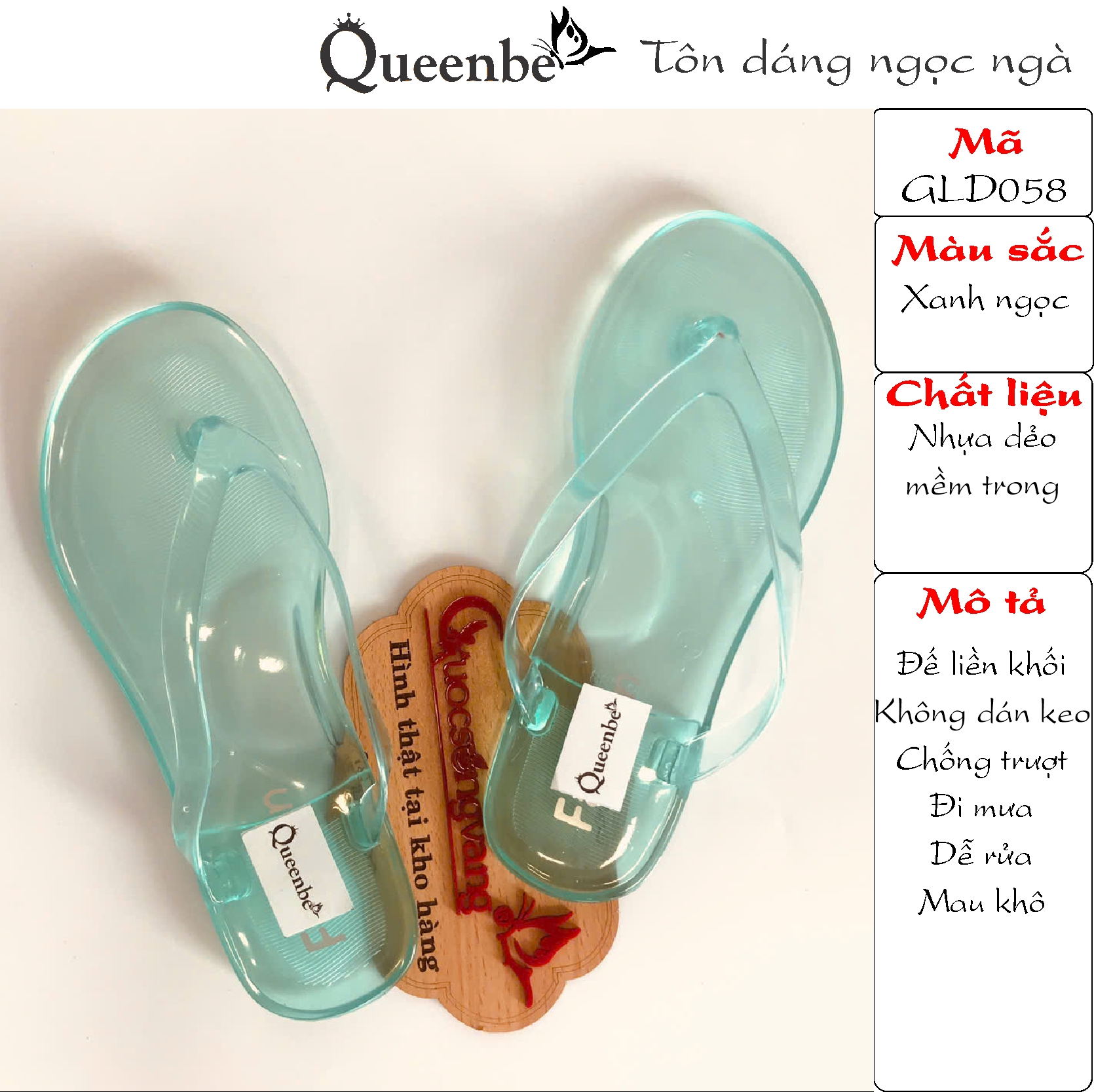 Queenbe Dép nhựa nữ trong suốt GLD058 nhựa dẻo chống trượt đi mưa