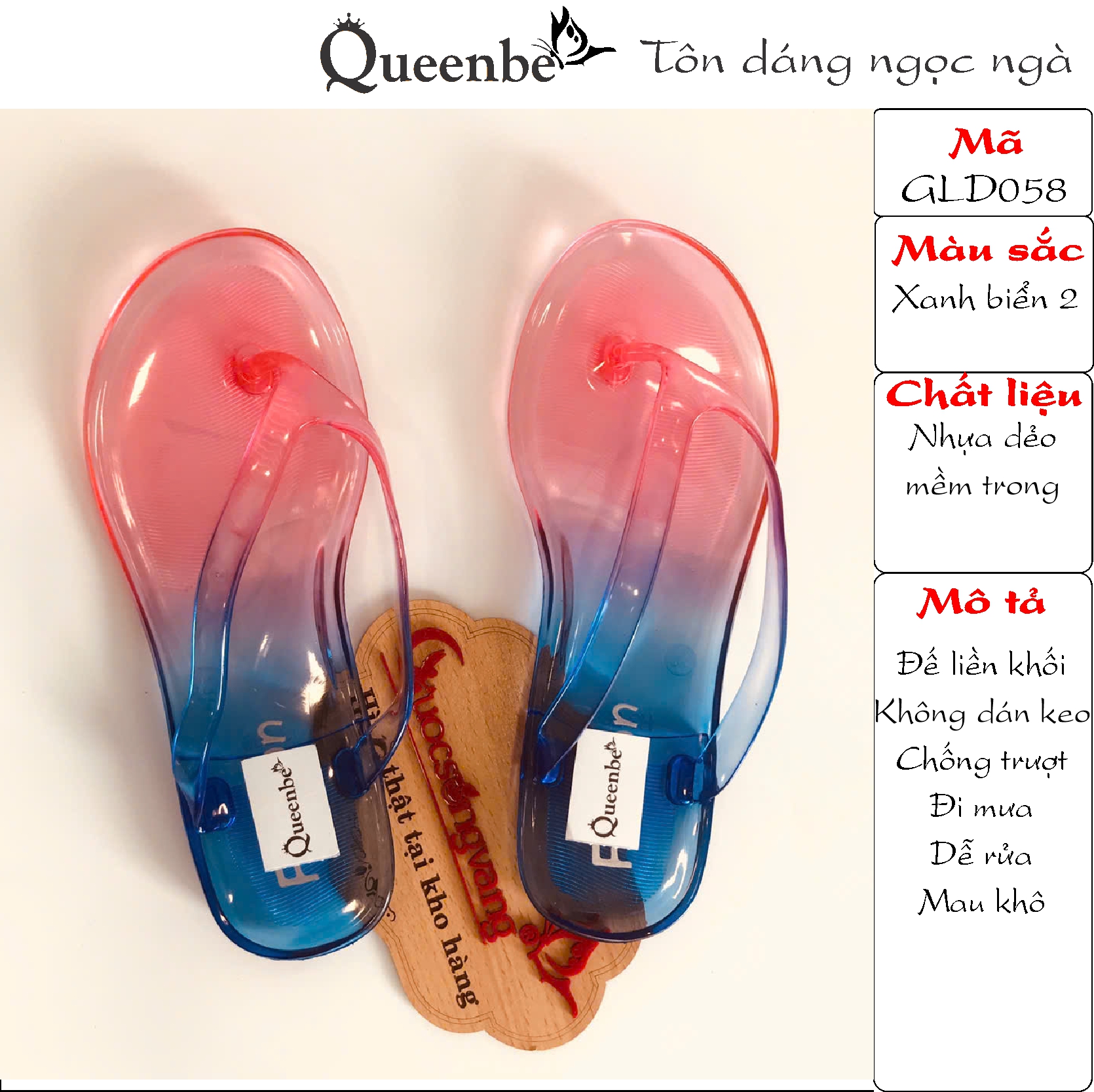 Queenbe Dép nhựa nữ trong suốt GLD058 nhựa dẻo chống trượt đi mưa