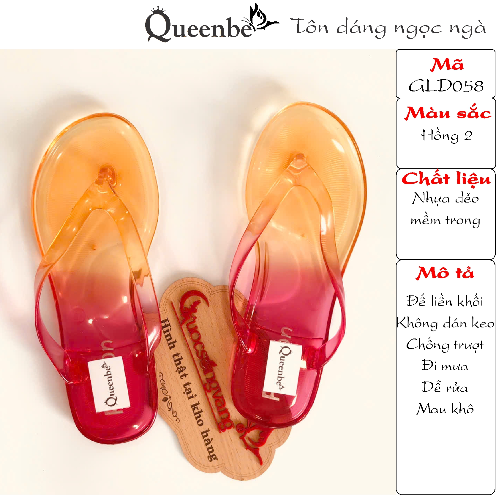 Queenbe Dép nhựa nữ trong suốt GLD058 nhựa dẻo chống trượt đi mưa